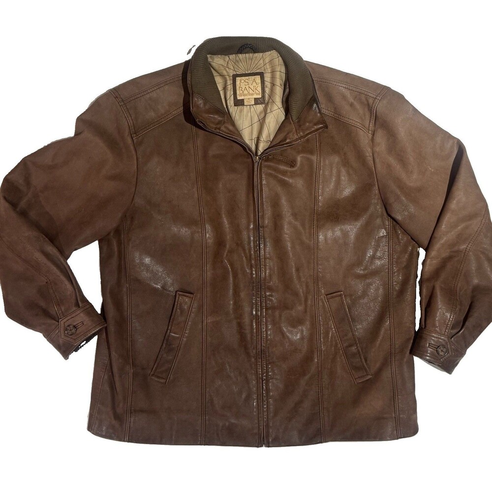 Vintage Jos A Bank Genuine Brown Leather  Bomber Jacket Men’s XL 90s